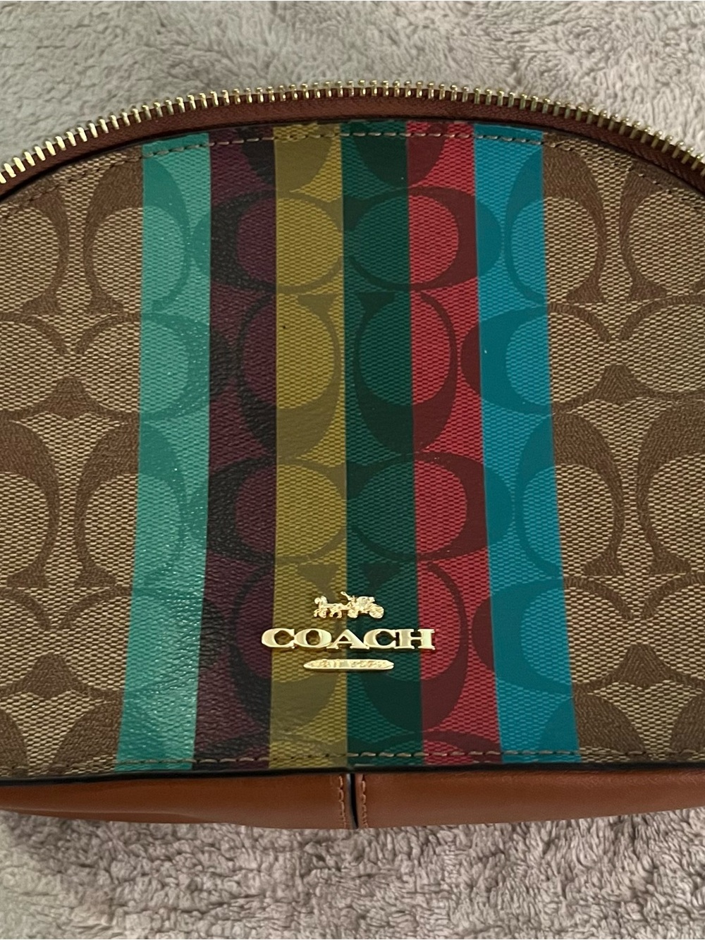 COACH Serena Brown Signature Satchel with Multicolor Vertical Stripes